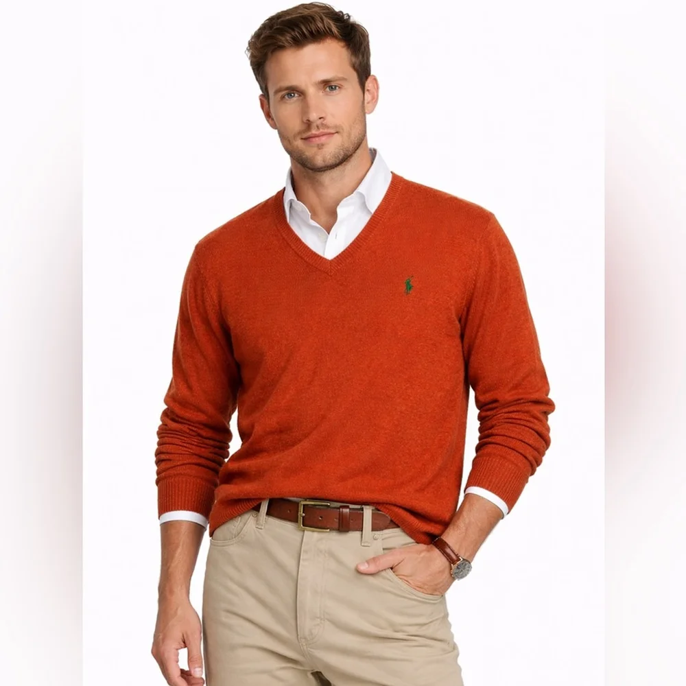 Polo Ralph Lauren 100% Lambswool V-Neck Sweater Burnt Orange Size M